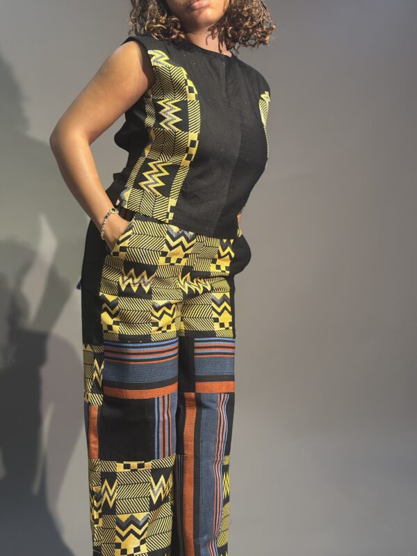 African print, denim two-piece